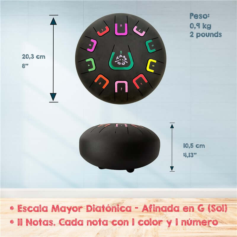 Tambú 8" 11 notas - Negro Mate - Sonidos Relajantes para Niños y Adultos ideales para iniciación en música