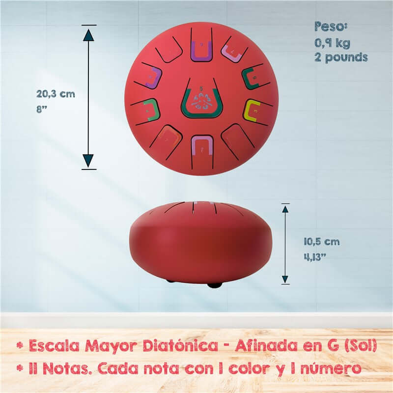 Tambú 8" 11 notas - Rojo Escarlata - Sonidos Relajantes para Niños y Adultos ideales para iniciación en música