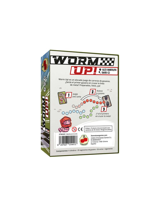 Worm Up! – Faroleo, curvas y carreras de gusanos (7+ años · 3-5 jugadores · 15–20 min) · 2 Tomatoes Games