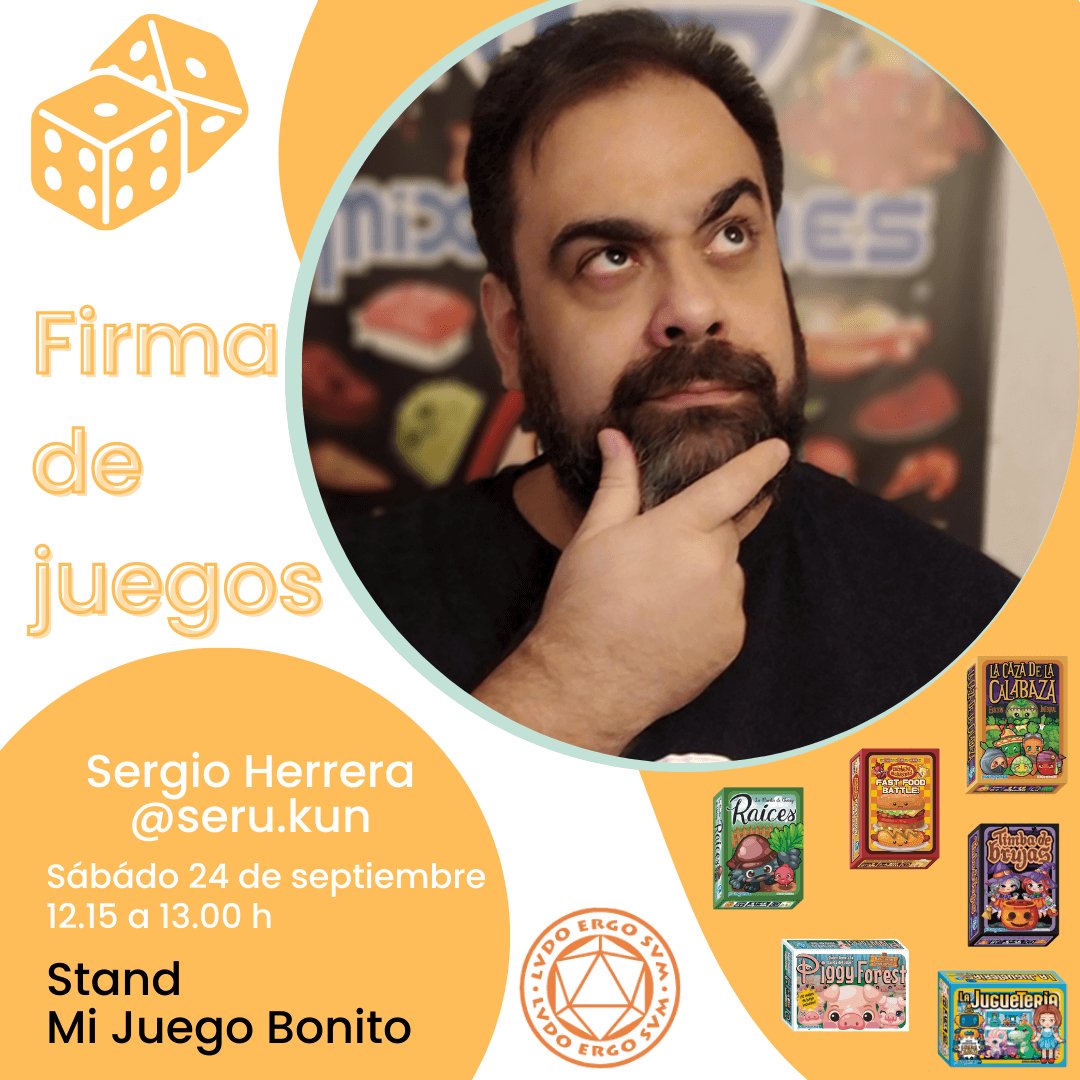 Sergio Herrera de Mixin Games firma sus juegos el día 24 de septiembre en nuestro stand en las LES2022 ❓Si te decimos juegos como La Caza de la Calabaza, Piggy Forest, La Juguetería, Timba de Brujas, Raices o Fast Food Battle, ¿qué te suenan que tienen en