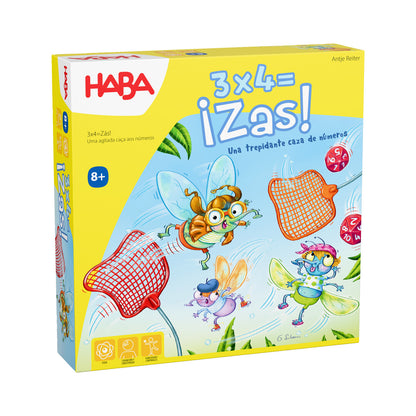3x4 ¡Zas! – Practicar multiplicaciones a golpe de mosca · 8+ · 2-6 jugadores · 10-20 min · HABA