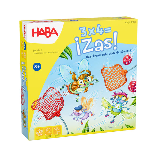 3x4 ¡Zas! – Practicar multiplicaciones a golpe de mosca · 8+ · 2-6 jugadores · 10-20 min · HABA