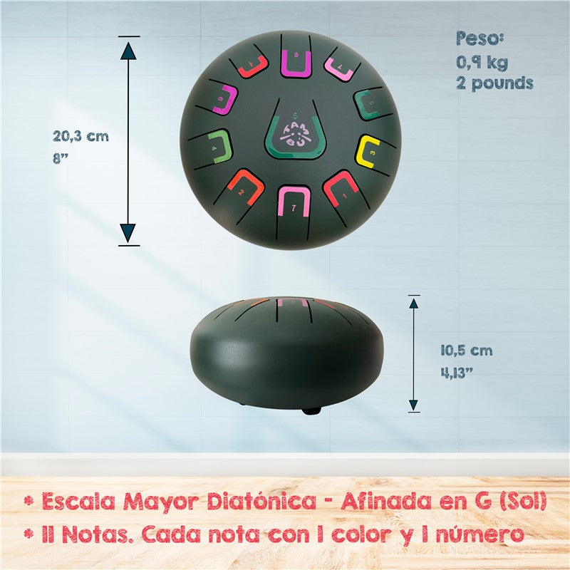 Tambú 8" 11 notas - Verde Jungla  - Sonidos Relajantes para Niños y Adultos ideales para iniciación en música