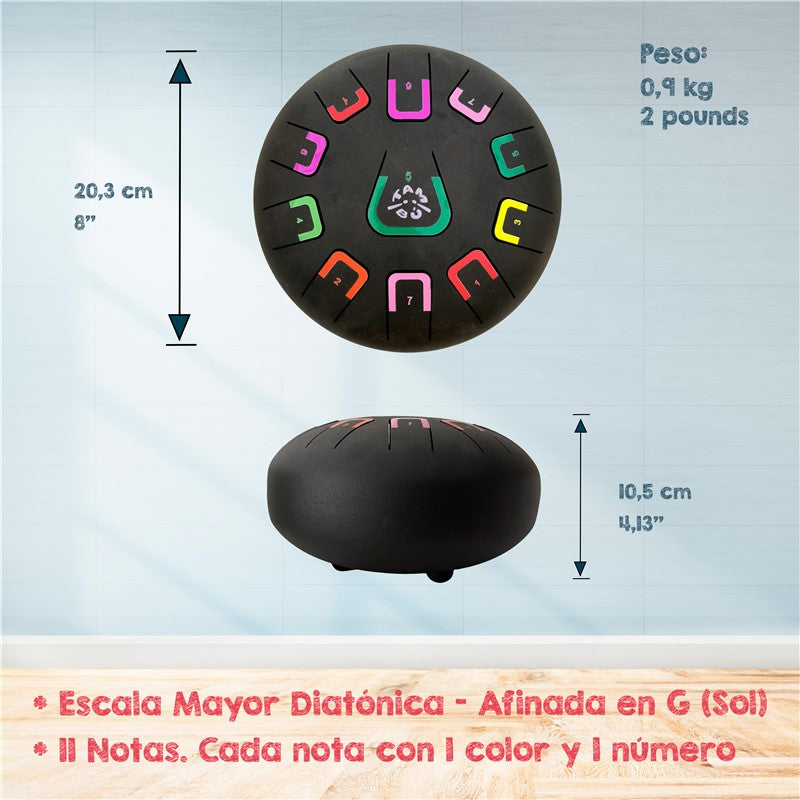 Tambú 8" 11 notas - Negro Mate  - Sonidos Relajantes para Niños y Adultos ideales para iniciación en música