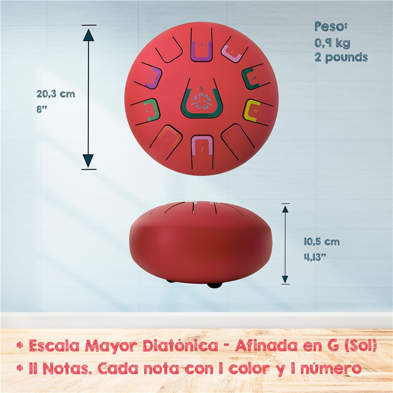 Tambú 8" 11 notas - Rojo Escarlata  - Sonidos Relajantes para Niños y Adultos ideales para iniciación en música