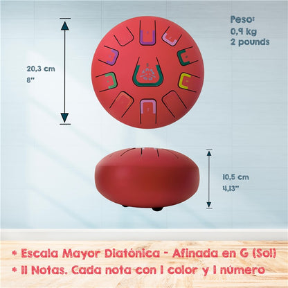 Tambú 8" 11 notas - Rojo Escarlata  - Sonidos Relajantes para Niños y Adultos ideales para iniciación en música