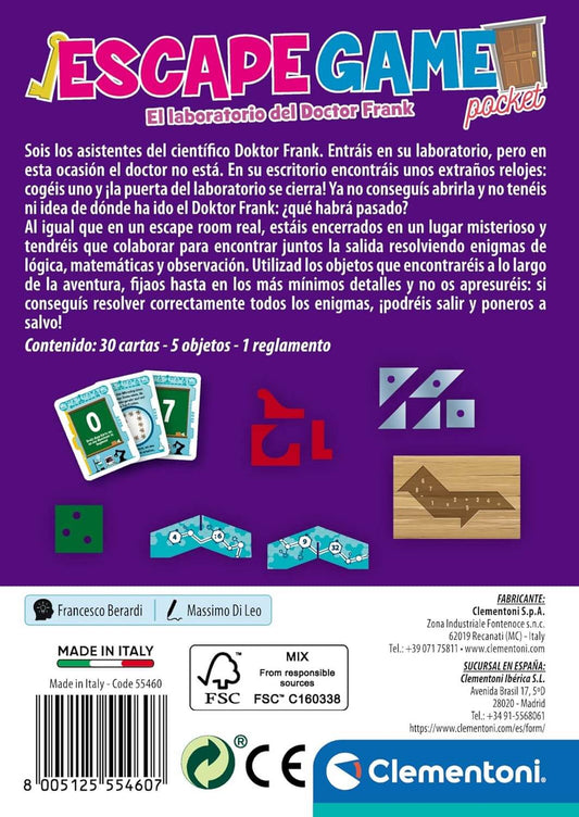 ESCAPE GAME - EL LABORATORIO DEL DOCTOR FRANK (CASTELLANO) - Juego de mesa -Clementoni - Desde 8 años