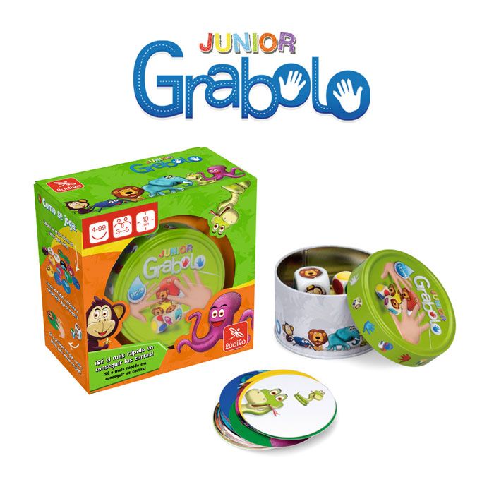 Grabolo Jr. – animales, colores y rapidez visual con cartas resistentes al agua · 4+ · 3-5 jugadores · 10 min · Ludilo