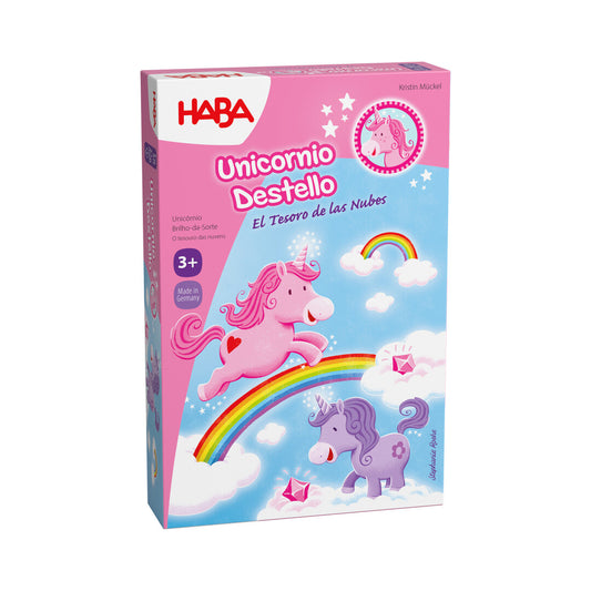 Unicornio Destello: El tesoro de las nubes – Primer juego con unicornios y conteo · 3+ · 2-4 jugadores · 10 min · HABA
