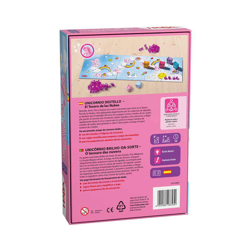 Unicornio Destello: El tesoro de las nubes – Primer juego con unicornios y conteo · 3+ · 2-4 jugadores · 10 min · HABA