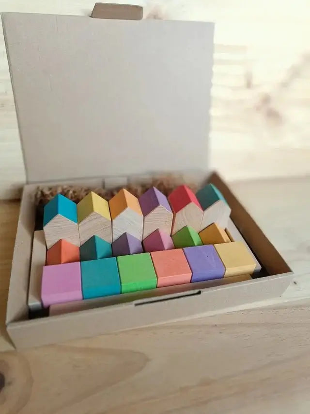 Set casitas y cubos arcoiris de madera 18 pcs - Ocamora - Mi Juego Bonito