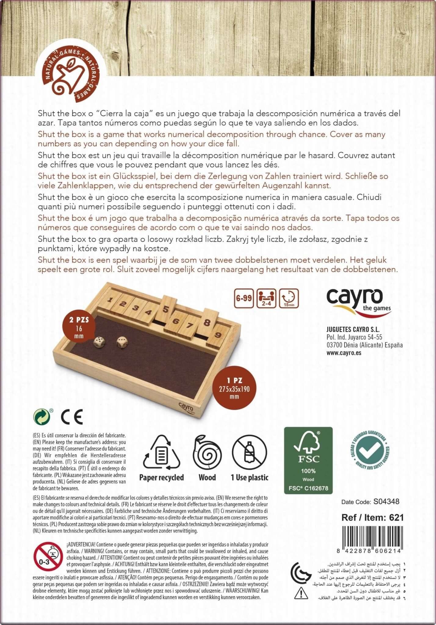 Shut The Box - Juego de mesa - Cayro - Desde 6 años